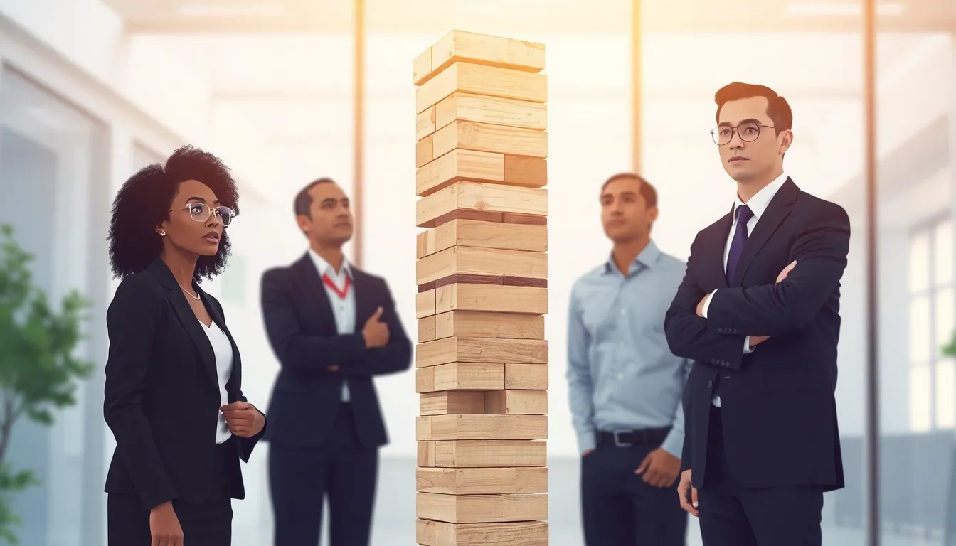 diverse professionals observing a precarious Jenga tower in an office.